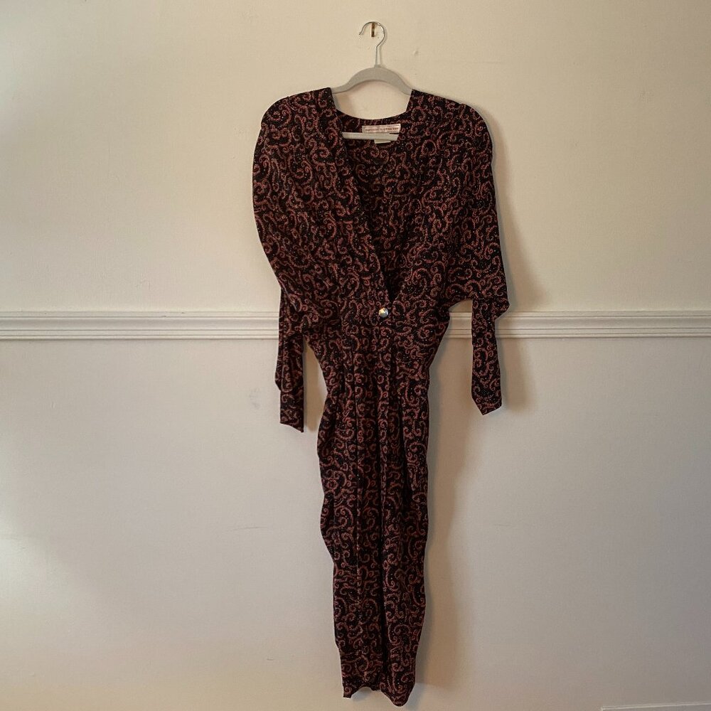 Vintage‎ 100% Silk Black and Pink Patterned Wrap Dress Size 12